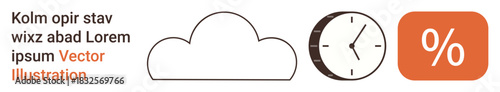 Data storage, cloud computing, technology, business metrics, time tracking, productivity. A cloud silhouette, clock and percentage icon are visible. Cloud computing and technology concept