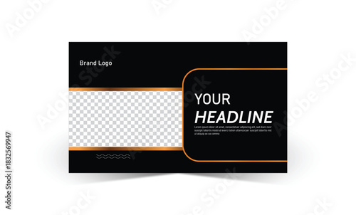 Modern horizontal layout template with customizable elements. Ideal for business presentations, marketing banners, or digital ads. Elegant black and gold design with image placeholder.