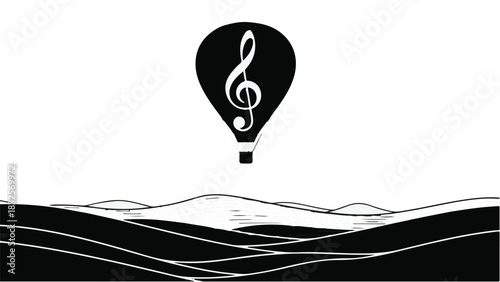 Musical adventure takes flight over abstract landscape with treble clef hot air balloon