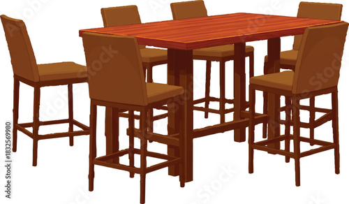 The image showcases a wooden dining set that includes a rectangular table surrounded by six high-backed chairs.