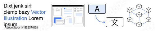 Global communication, AI translation, multilingual tools, language localization, digital technology, innovation. Interface with text blocks and language icons. Global communication and AI translation