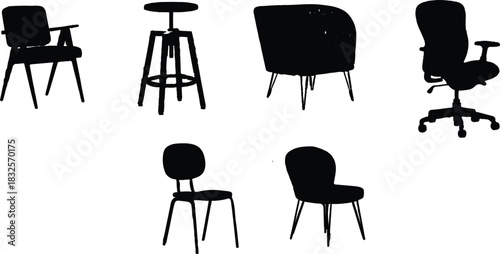 The image showcases six distinct chair silhouettes, all rendered in black against a clean white background, creating a striking visual contrast Victor Illustrator Design