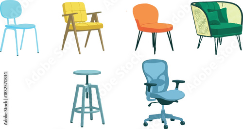 The image showcases a vibrant collection of six distinct chairs, each with its own unique style, color, and design, set against a clean white background that enhances their visual impact.