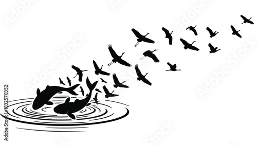 Silhouettes of fish leaping from water as birds take flight