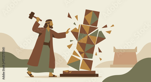Asa’s Reforms
King Asa destroying a stylized flat-vector idol, geometric shapes breaking apart, soft earthy palette, symbolic clean composition. bible