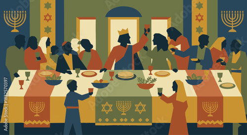  Hezekiah’s Passover
Geometric silhouettes celebrating Passover, stylized flat-vector tables with simple cups and bread, muted festive palette. bible 