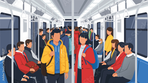 Diverse Commuters Inside Subway Train Urban Transportation and Daily Life