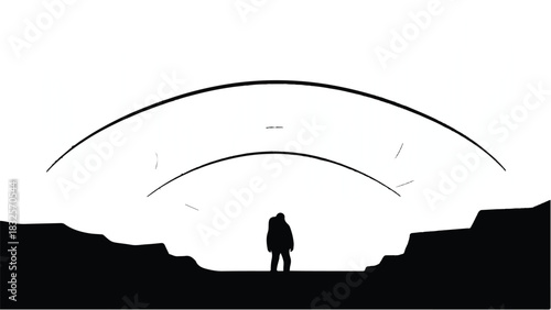 Lone figure silhouetted against abstract cosmic arches, contemplating the vast unknown.