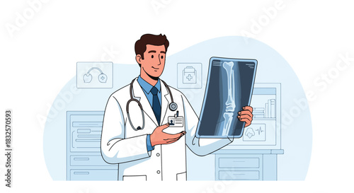 Orthopedic Hospital Doctor Holding Bone X-Ray Result – Professional Bone and Joint Diagnosis Vector Illustration for Medical Use