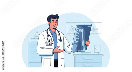 Orthopedic Doctor Holding Bone X-Ray Result – Professional Bone and Joint Diagnosis Vector Illustration for Medical Use