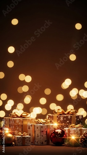 Christmas Presents with Golden Ribbon and Bokeh Lights Background