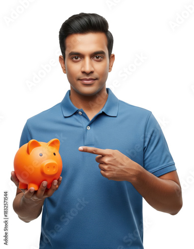 Young Man Pointing at Orange Piggy Bank for Savings