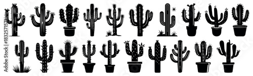 Cactus desert silhouettes set. Black cactus. Western Mexican desert plant silhouette with blossom, exotic succulent artwork with thorns and flowers. various cactus silhouettes on transparen background