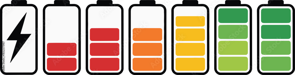 Fototapeta premium Battery charge level indicators and charging status symbols