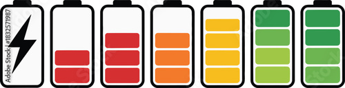 Battery charge level indicators and charging status symbols