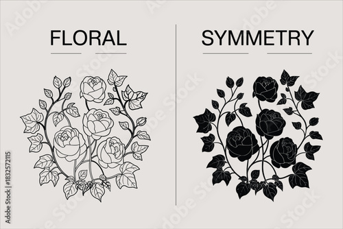 Black and White Floral Symmetry Pattern Vector, Decorative Botanical Ornament EPS, Editable Flower Design