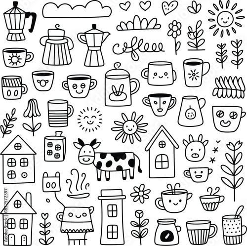 Cozy coffee and home doodle collection with charming nature motifs.