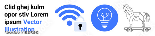 Cybersecurity, data protection, technology concepts, privacy, innovation, online safety. wireless signal, lock lightbulb and Trojan horse . Cybersecurity and data protection