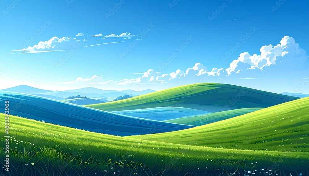 Fototapeta premium summer landscape with green hills and blue sky background