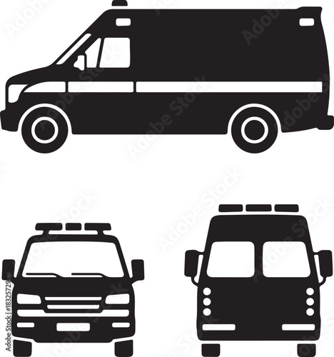 Ambulance silhouette icons set side, front and back views vector art illustration 