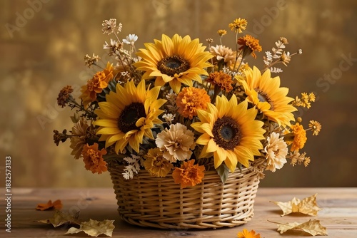 bouquet of sunflowers in a basket