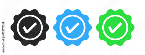 account verify icon, verified badge icon with check mark tick symbol : confirmed, approved, verification icons