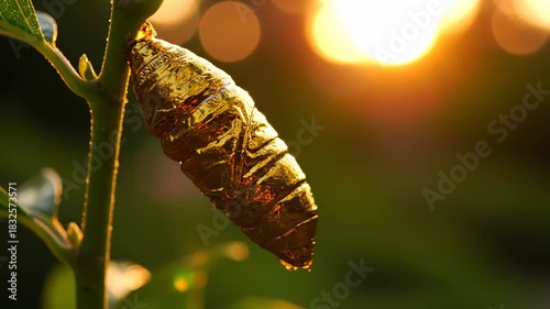 Chrysalis Hanging on Stem, Illuminated by Sunlight