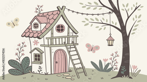 Whimsical hand-drawn cottage illustration with a cozy pastel aesthetic, featuring a charming wooden ladder, flying butterflies, and a magical tree with string lights.