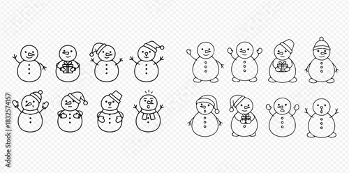 Cute hand-drawn outline snowmen set with various expressions and winter accessories, perfect for holiday designs and festive decorations.