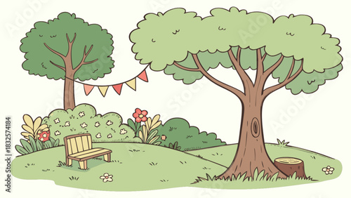 Whimsical cartoon park scene with lush green trees, a rustic wooden bench, and colorful festive bunting flags, depicting a tranquil outdoor setting perfect for relaxation and play