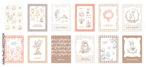 Vintage Easter greeting card set with hand-drawn illustrations of rabbits, chicks, eggs, floral wreaths, candles, countryside churches, and festive messages in soft pastel tones with retro patterns.