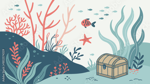 Underwater scene with a treasure chest on the seabed, surrounded by colorful coral, green seaweed, various fish, and a starfish, in a charming cartoon illustration style