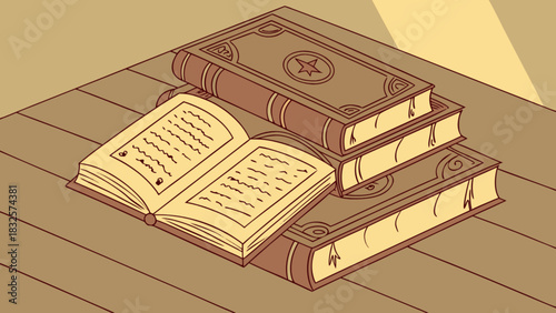 Stack of ancient, antique and magic themed old books with ornate covers and an open book displaying illegible handwritten text on a wooden table, symbolizing knowledge and wisdom.