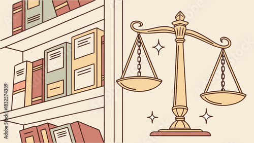 Illustration depicting the scales of justice alongside a full bookshelf, symbolizing legal education, knowledge, equity, and the pursuit of law in academic settings.
