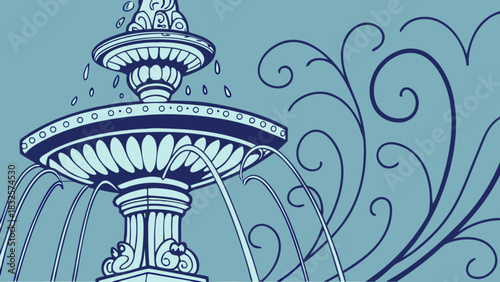 Ornate classical outdoor water fountain illustration with multiple tiers and cascading water streams, surrounded by decorative swirling botanical vine elements on a serene blue background.