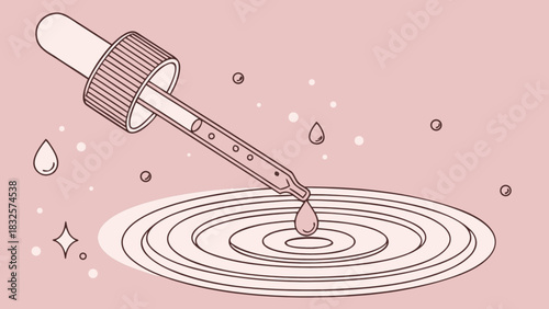 Dropper releasing liquid into a rippling surface, an elegant illustration representing precision, science, skincare, controlled dosing, medication, and accurate measurement