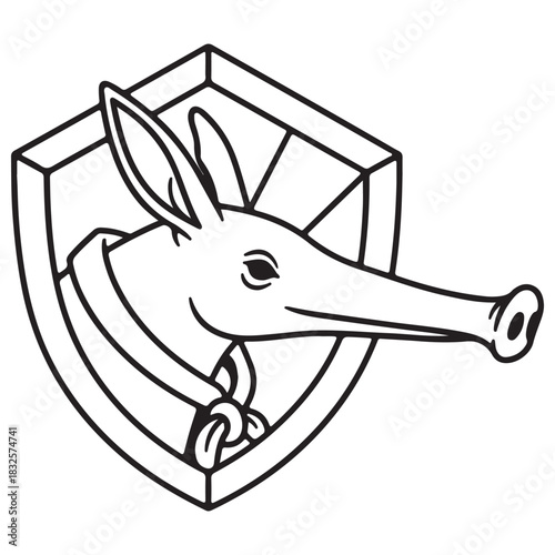 Black Line Aardvark Head Trophy Mount Design on White Shield