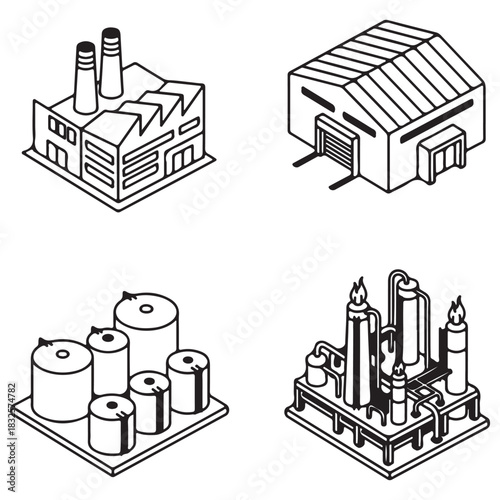Isometric Black White Line Art Industrial Factory and Energy Facilities