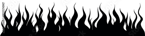 Border fire flame. Flaming pattern. Flammable horizontal line. Black on white. Decorative burning mockup. Cartoon fiery tattoo template. Hot temperature. Vector illustration
