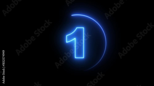 Neon bright glowing countdown timer from 5 to 0 seconds. Neon glowing countdown timer 5 second animation .Neon Countdown on black background. Neon bright glowing countdown timer 