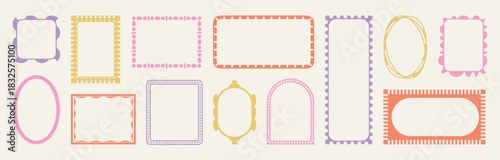 Pastel soft decorative frames collection isolated on beige background, retro vintage borders in geometric rectangle square oval arch shapes invitation card template scrapbook design poster decoration