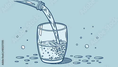 Water being poured from a bottle into a glass, creating bubbles and splashes on a light blue background. refreshing drink illustration, line art, simple graphic design, hydration concept.