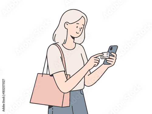 A simple illustration of a woman making a cashless payment. Smart. Payment.