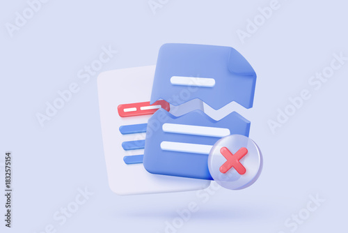3d media file organization with error icon signs. Management multimedia, document file work is lost. no entry, clipboard problem, fail warning. 3d paperwork icon vector render illustration