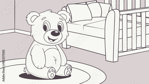 Cartoon teddy bear sitting on a round rug in a baby nursery, next to a cozy crib with pillows, ready for a child's coloring book activity or playful decor design illustration.
