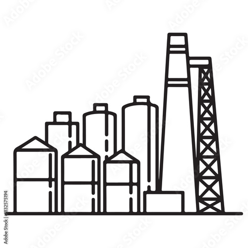 Black Line Art Icon of Industrial Facility with Storage Silos