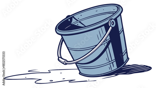 Tipped over blue cleaning bucket with spilled water illustration, depicting concepts of mess, accident, overflow, mistake, failure, or a clean-up task vector graphic
