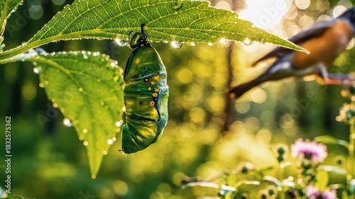 Butterfly Chrysalis Hanging Under Leaf With Water Droplets and Blurred Bird in Background