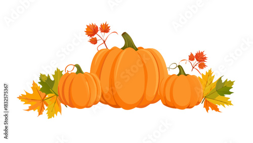 Autumn harvest arrangement with three vibrant orange pumpkins and colorful maple leaves, celebrating fall season festivities, thanksgiving, halloween, and seasonal abundance.