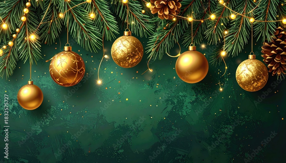 Naklejka premium Festive Christmas Decoration with Golden Ornaments Pine Cones and Twinkling Lights.